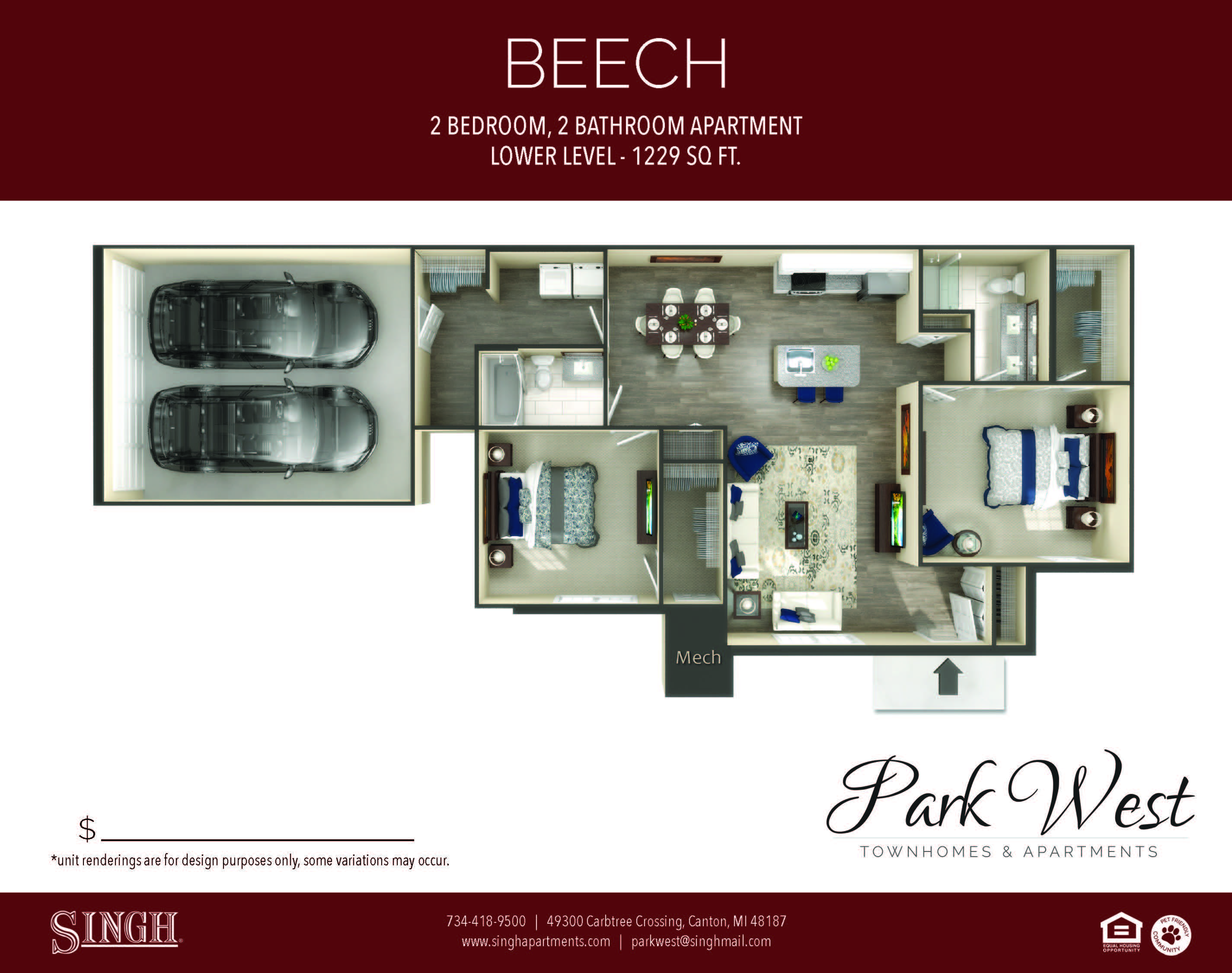 Floor plan for 2 beds, 2 baths, 1229 sqft